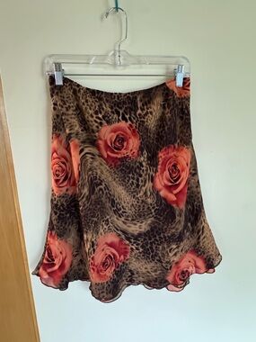 Byer California Brown Leopard Print Skater Skirt with Coral Rose Motif